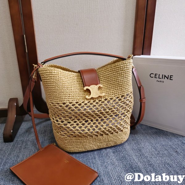 MEDIUM LOUISE BUCKET IN RAFFIA AND CALFSKIN