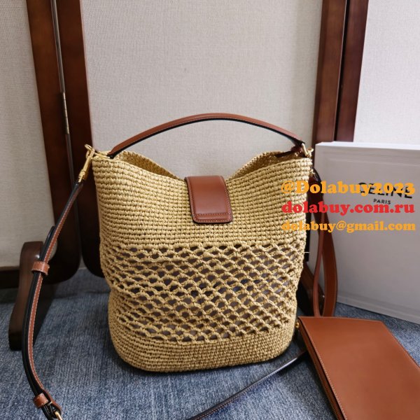 MEDIUM LOUISE BUCKET IN RAFFIA AND CALFSKIN